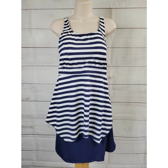 12R NAVY STRIPE A392813 Denim & Co Beach Handkerchief Hem Tankini Swim Skirt Set - Picture 2 of 2